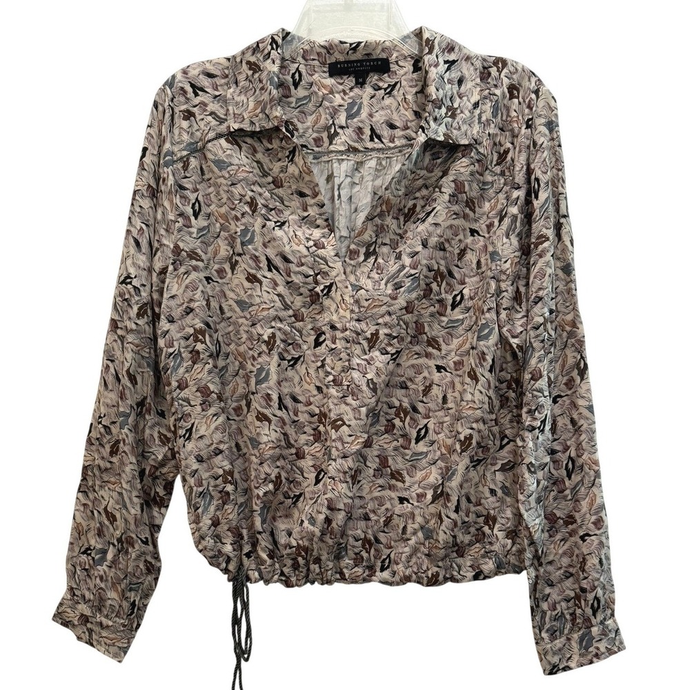 Burning Torch Los Angeles Abstract Leaf Silk Blend Drawstring Hem Blouse‎ Tan